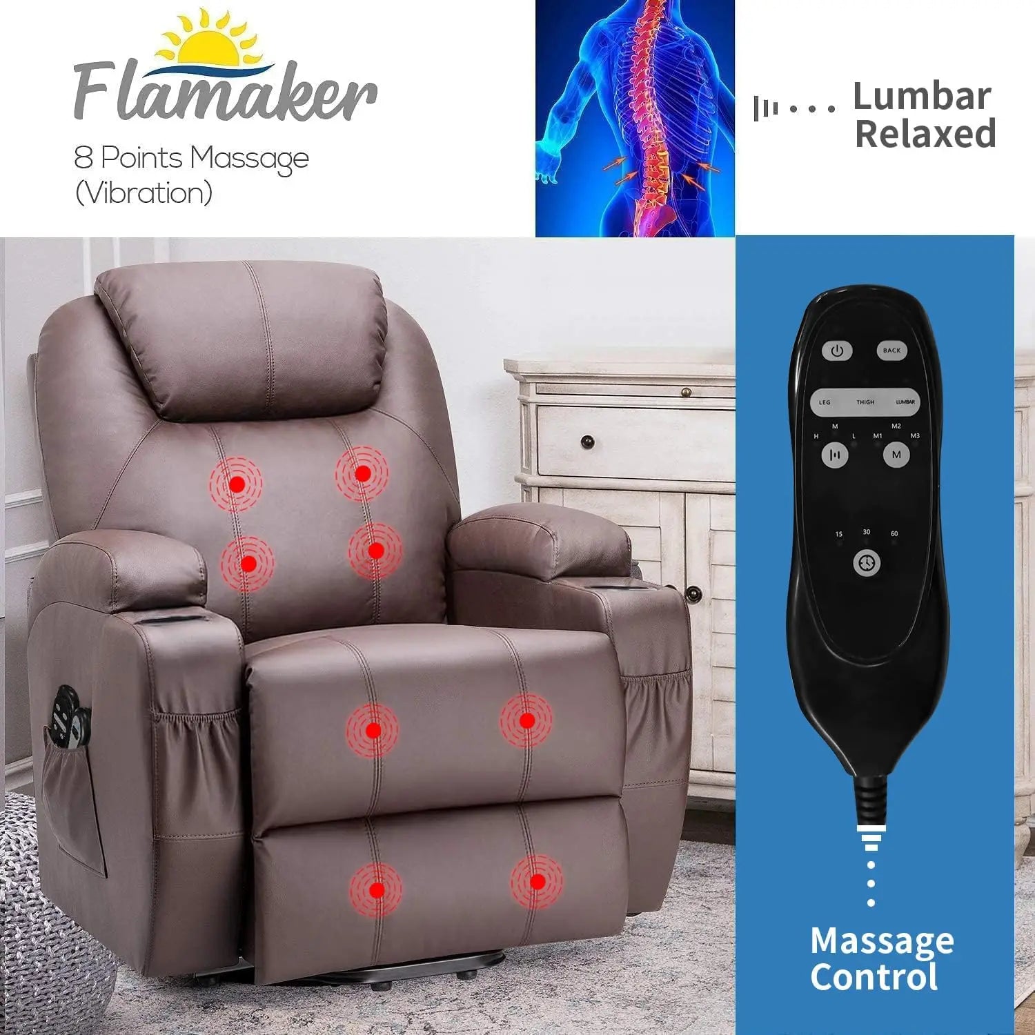 Power Lift Recliner Sofas with Massage, Ergonomic Lounge Chair Classic Single Sofa with 2 Cup Holders Side Pockets Theater Seat