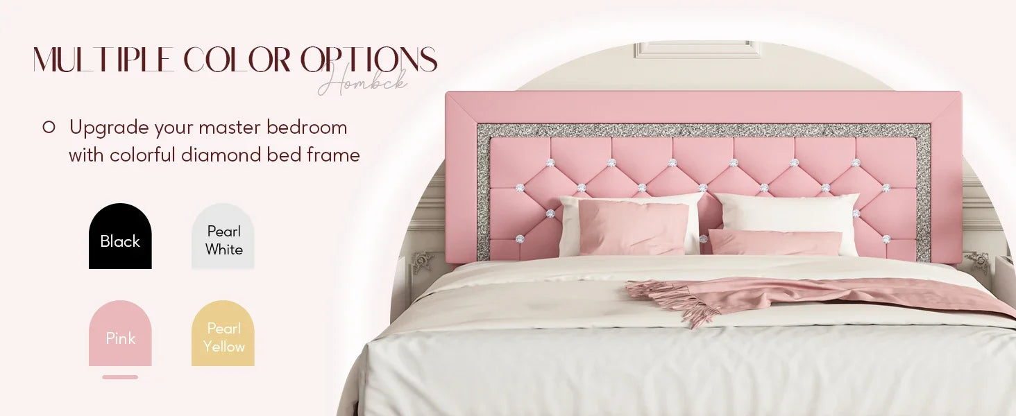 Queen Bed Frame, Upholstered Bed Frame Queen Size with Diamond Tufted Headboard, Faux Leather Headboard & , Wood