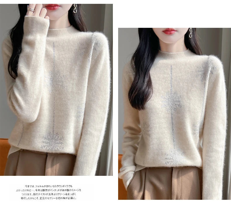 Diamond 100% Merino Wool Sweater 2024 New Women's Fashion Autumn/Winter Warm Hoodie Elegant Half High Collar Jumper Knitted Top