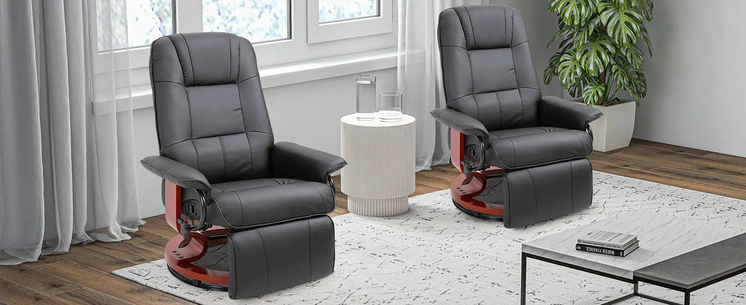 Faux Leather Manual Recliner, Adjustable Swivel Lounge Chair with Footrest, Armrest and Wrapped Wood Base for Living Room, Black