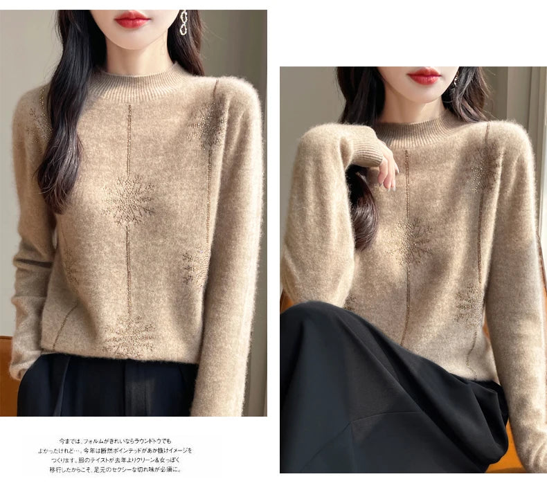 Diamond 100% Merino Wool Sweater 2024 New Women's Fashion Autumn/Winter Warm Hoodie Elegant Half High Collar Jumper Knitted Top