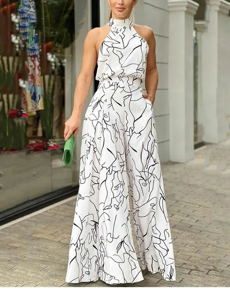 Women's Elegant Waist Halter Jumpsuit Casual Print Tie Sleeveless Wide Leg Long Pant Summer Clothing