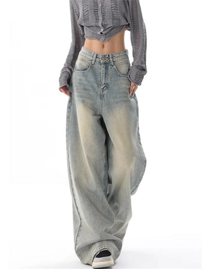 Women's Vintage Washed High Waist Straight Denim Jeans