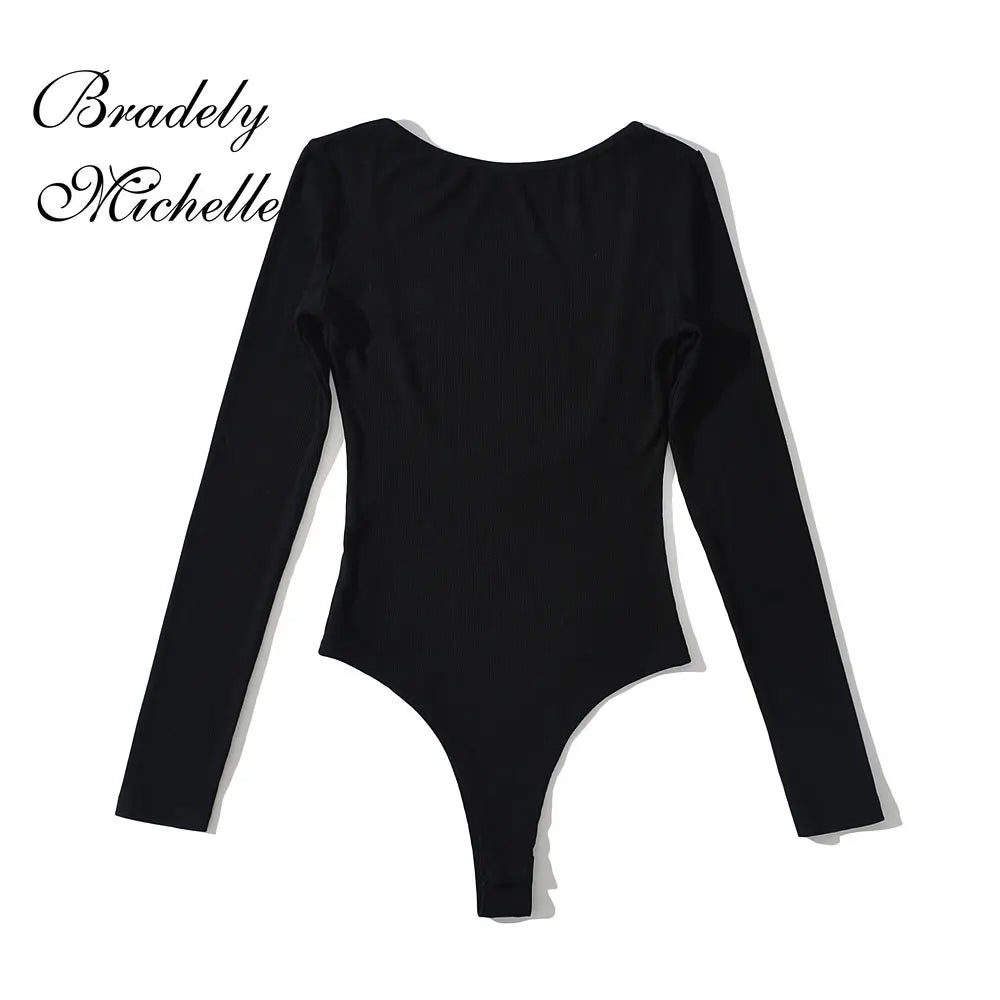 Women's Sexy Clothing Long-sleeve Solid Color Pullover One-Line Neck Backless Bodysuit Knitted Jumpsuit Top