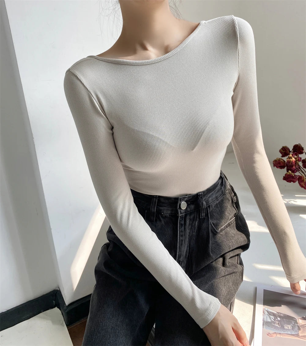 Women's Sexy Clothing Long-sleeve Solid Color Pullover One-Line Neck Backless Bodysuit Knitted Jumpsuit Top