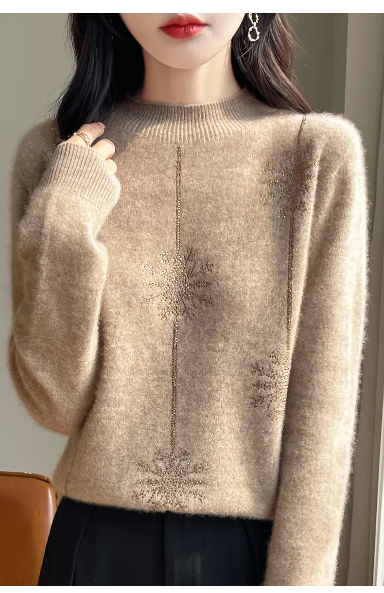 Diamond 100% Merino Wool Sweater 2024 New Women's Fashion Autumn/Winter Warm Hoodie Elegant Half High Collar Jumper Knitted Top