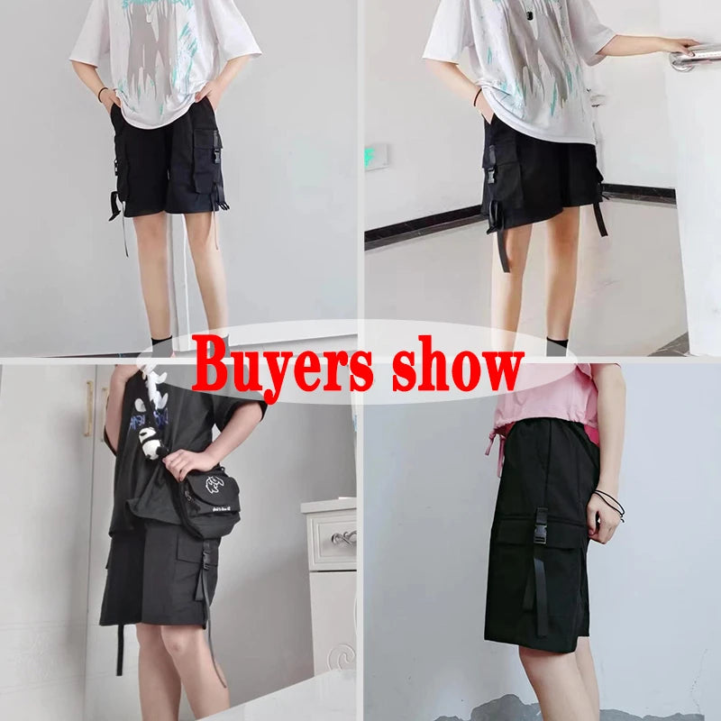 Xpqbb Gothic Black Cargo Shorts Women Summer Streetwear Couple Wide Leg Shorts Woman Harajuku Big Pockets Knee Length Pants 4Xl