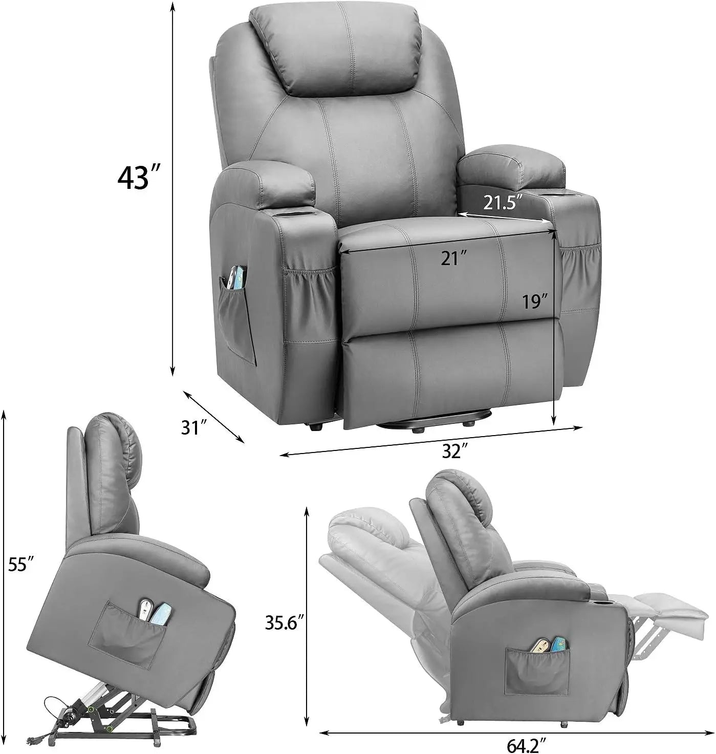 Power Lift Recliner Sofas with Massage, Ergonomic Lounge Chair Classic Single Sofa with 2 Cup Holders Side Pockets Theater Seat