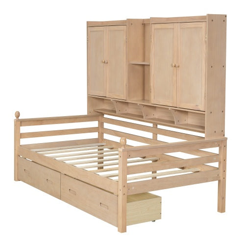 Twin Size Wooden Storage Daybed Frame With Bookcase Headboard And Two Under-bed Drawers For Bedroom Living Room, No Box Spring Needed,Natural