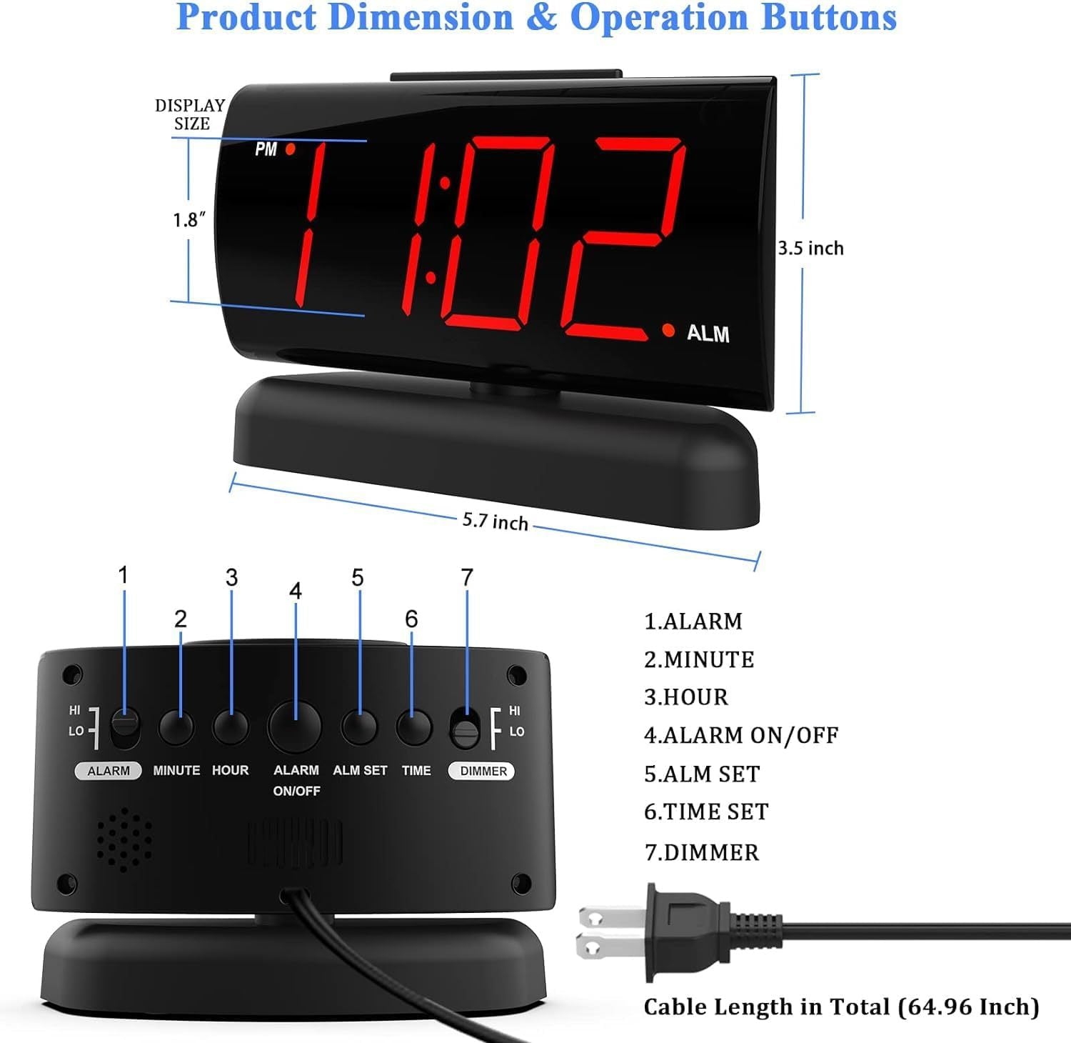 Alarm Clock Large Digital Rotating Base, 2-level Brightness Digital Clock Bedroom, Bedside Alarm Clock, Format Socket Power Supply