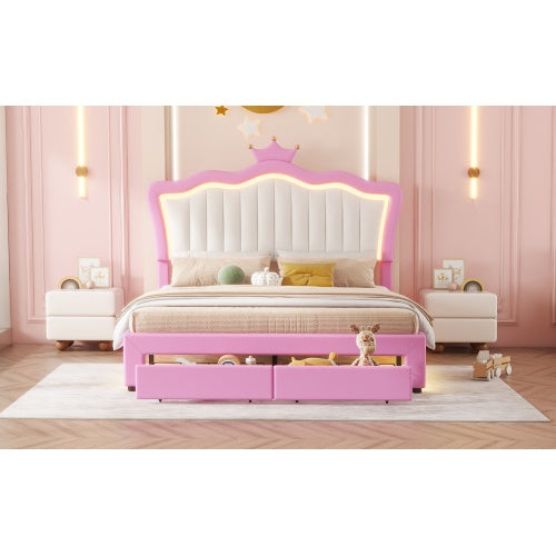 Full Size Upholstered Bed Frame With LED Lights, Modern Upholstered Princess Bed With Crown Headboard, 2 Drawers