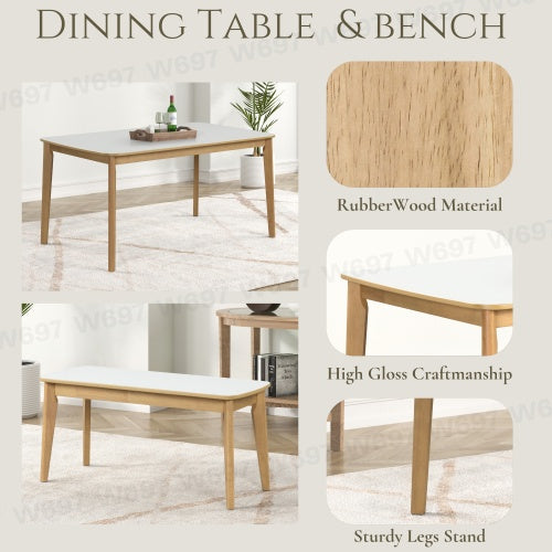 Set Of 6 Dining Table, One Table, One Bench And Four Chairs, With A Light Oak High-gloss White Top