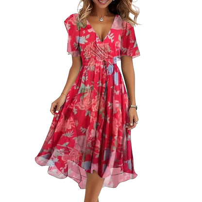 Printed Short Sleeve V-neck Dress