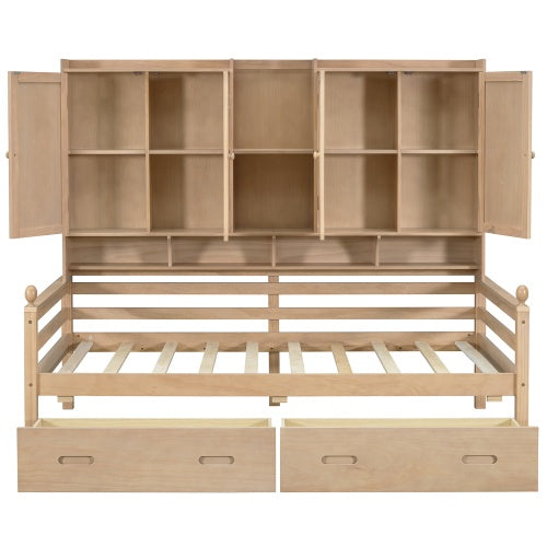 Twin Size Wooden Storage Daybed Frame With Bookcase Headboard And Two Under-bed Drawers For Bedroom Living Room, No Box Spring Needed,Natural