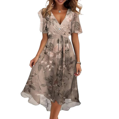 Printed Short Sleeve V-neck Dress