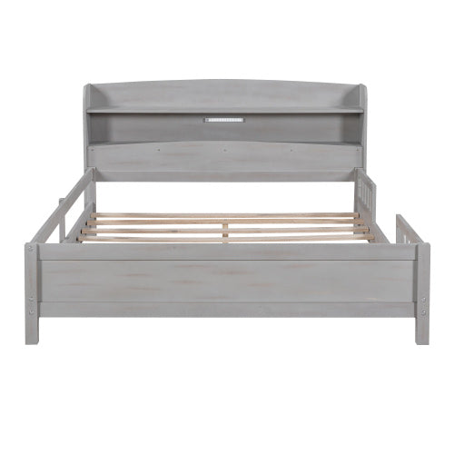 Wood Full Size Platform Bed With Built-in LED Light, Storage Headboard And Guardrail, Antique Grey