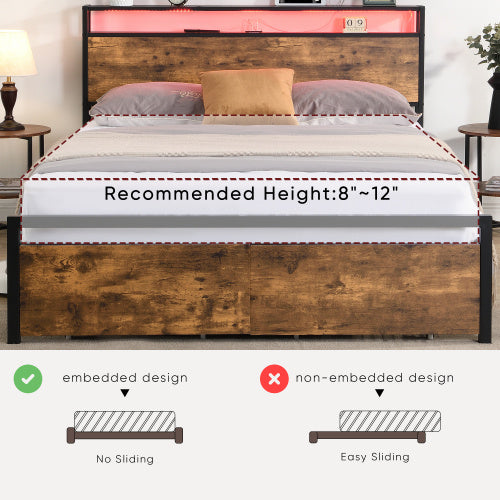 Full Size Bed Frame With Storage Headboard And 2 Drawers, LED Lights Bed With Charging Station, Metal Platform Bed No Noise