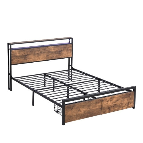 Full Size Bed Frame With Storage Headboard And 2 Drawers, LED Lights Bed With Charging Station, Metal Platform Bed No Noise