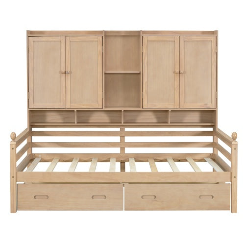 Twin Size Wooden Storage Daybed Frame With Bookcase Headboard And Two Under-bed Drawers For Bedroom Living Room, No Box Spring Needed,Natural