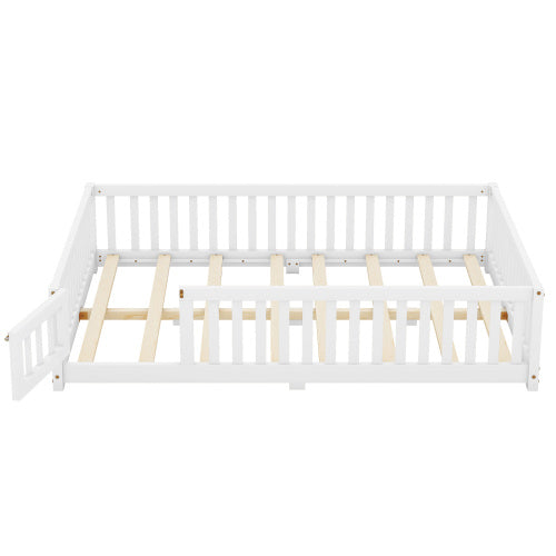 Full Size Bed Floor Bed With Safety Guardrails And Door For Kids, White