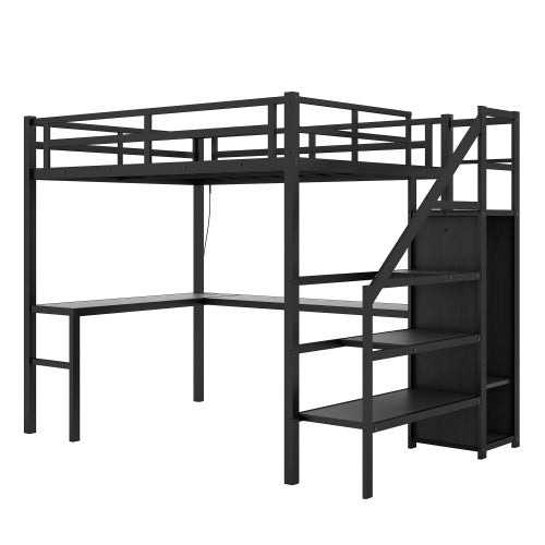 Full Size Loft Bed With L-shaped Desk And USB, Metal Loft Bed With Wardrobe And Adjustable Shelf, High Loft Bed With LED For Kids Teens Adults, Black