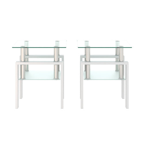 Set Of 2, Modern Tempered Glass Tea Table Coffee Table End Table, Square Table For Living Room, Transparent White