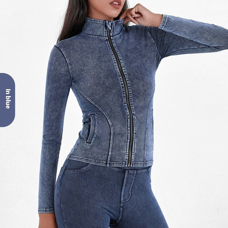 Slim Zippered Yoga Denim Jacket With Pockets High Collar Sports Fitness Outerwear Tops Coat For Women Clothing