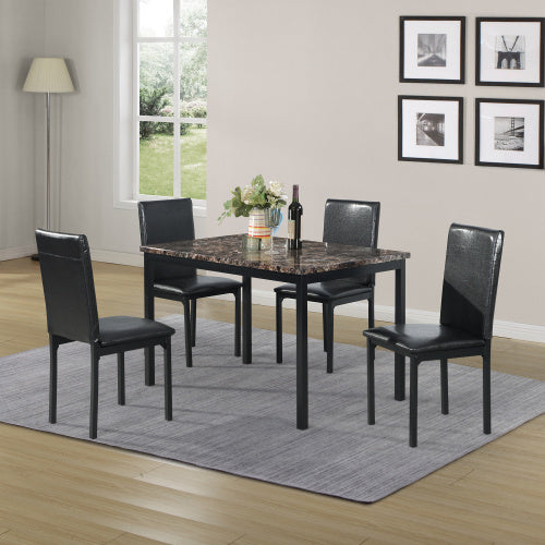 Furniture 5-piece Metal Dining Table And Chair Set With Imitation Marble Top - Black, Dining Room Set, Table And 4 Chairs