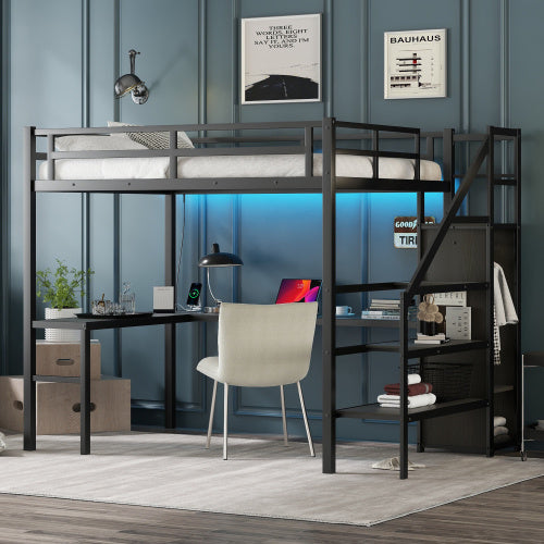 Full Size Loft Bed With L-shaped Desk And USB, Metal Loft Bed With Wardrobe And Adjustable Shelf, High Loft Bed With LED For Kids Teens Adults, Black