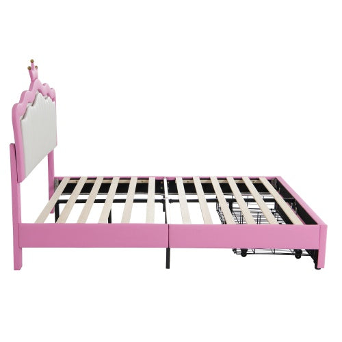 Full Size Upholstered Bed Frame With LED Lights, Modern Upholstered Princess Bed With Crown Headboard, 2 Drawers