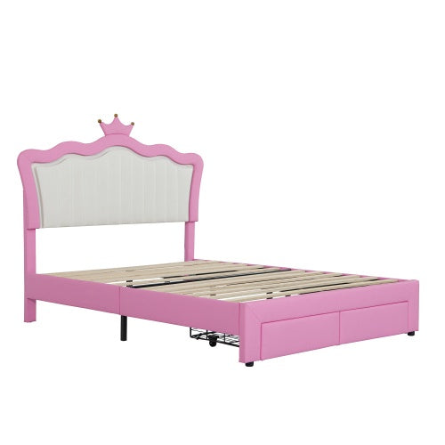 Full Size Upholstered Bed Frame With LED Lights, Modern Upholstered Princess Bed With Crown Headboard, 2 Drawers