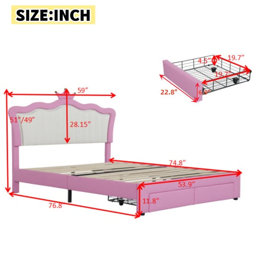 Full Size Upholstered Bed Frame With LED Lights, Modern Upholstered Princess Bed With Crown Headboard, 2 Drawers