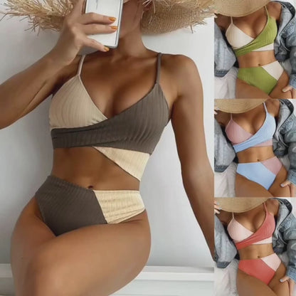 Patchwork Ribbed Knot-Back Bikini