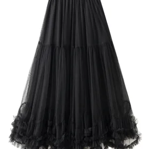 Women’s Tulle Long Skirts Elastic High Waist Ruffle Hem Tutu Skirts Fluffy A-line Midi Skirts