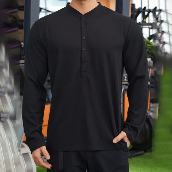 Men s  Fit Henley Shirt Solid Color Long Sleeve Button-up Round Neck Stretchy Casual Tops for Fall Streetwear Workout