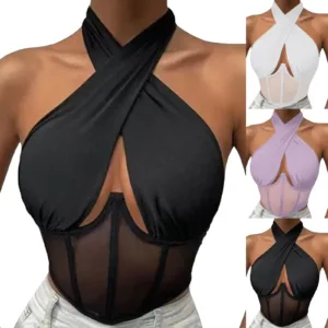 Women Sleeveless Fishbone Corset Vest Solid Hollow Out Cropped Top Summer Halter Backless Sexy Tops Y2k Camis Ropa De Mujer