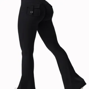 Women's Yoga Flare Trousers, High-Waisted Tummy-Control Wide-Leg Trousers Outdoor Casual Leggings with Pockets, Gym Workout Trou