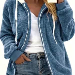 Women's Casual Long Sleeve Hooded Teddy Coat With Pockets And Zipper Warm Polyester Regular Fit Outerwear