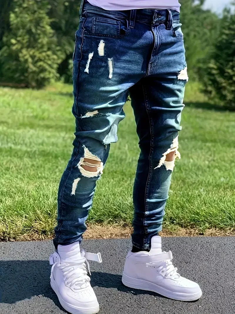 Sda1d18a44f41466092a379f8a444f035T.webp Men'S Distressed Fashion Jeans - Street Style, Comfortable Stretch Denim with Ripped Detail, Versatile for All Seasons, Everyday - Image 1