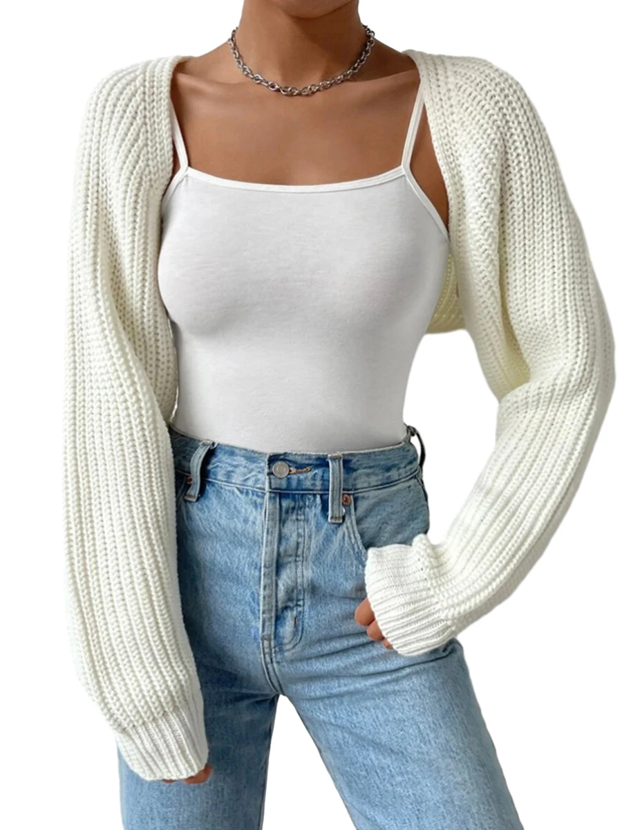 S4c60d110162e42119dd8b345215a0906D.webp Women s Open Front Cropped Cardigan Long Sleeve Solid Color Ribbed Knit Shrug Sweater Bolero Tops - Image 1